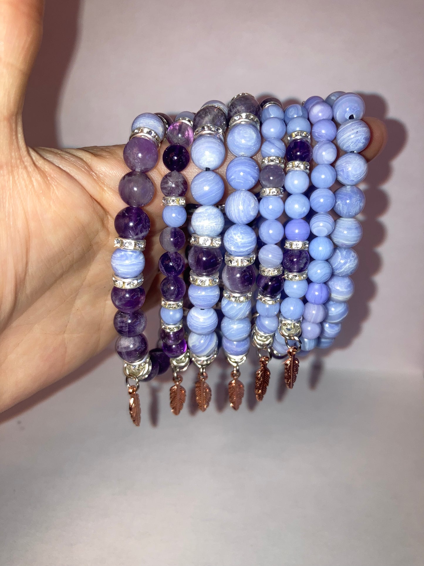 Celestial Serenity Blue Lace Agate and Ameythst Genuine Healing Crystals bracelet feather charm with beautiful spacers