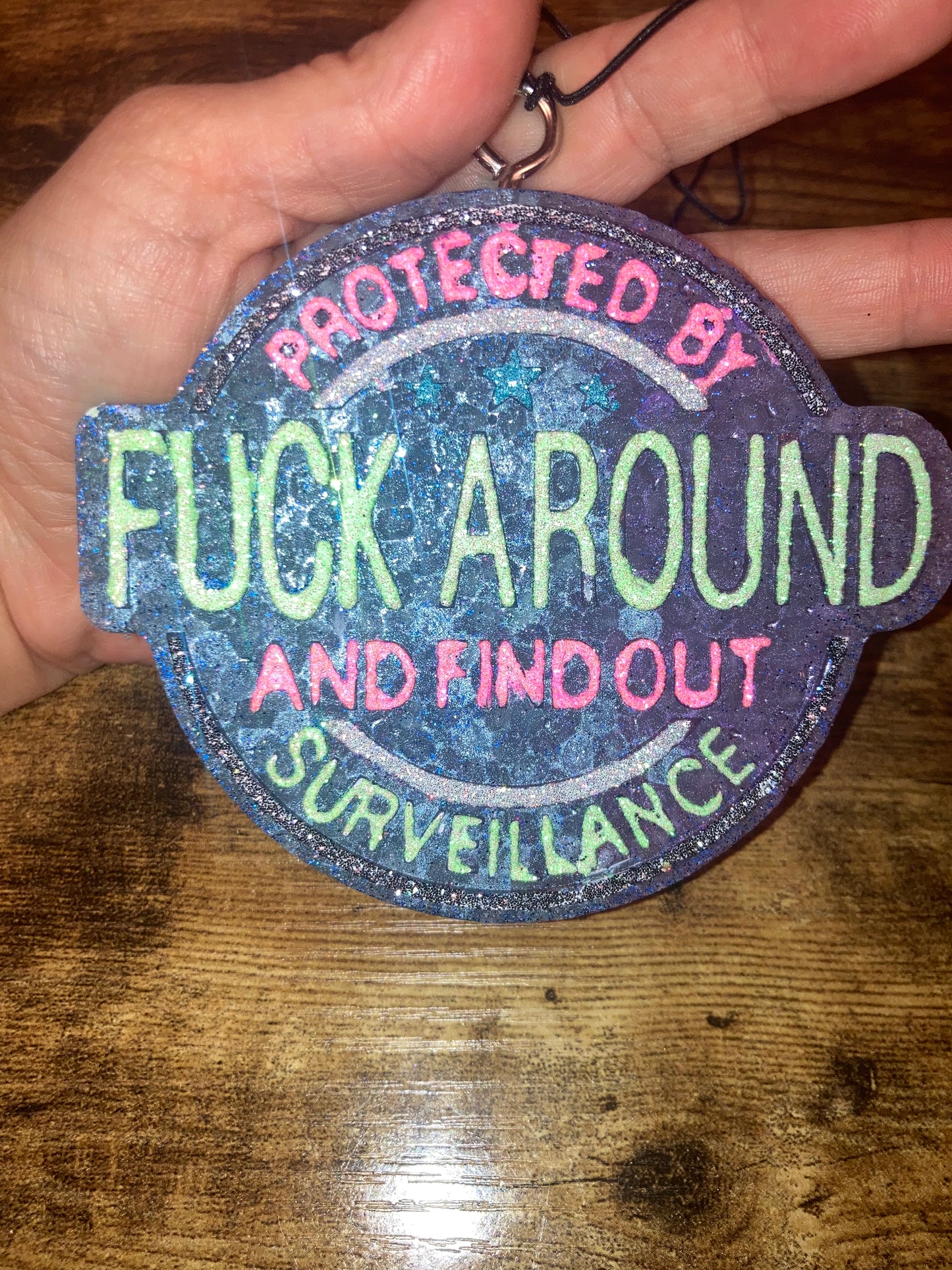 Car/Air Freshies Protected by Fuck Around and find out Surveillance Scent Black Ice painted glitter