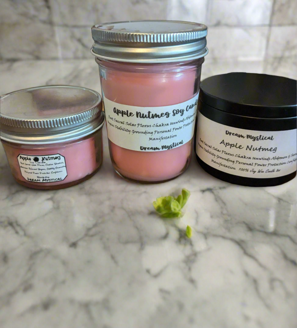 Apple Nutmeg Manifesting Candle Root/Solar Plexus Unwind Abdomen & Sexual Organs Protection  Grounding Personal Power Infused w/ crystals