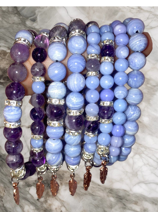 Celestial Serenity Blue Lace Agate and Ameythst Genuine Healing Crystals bracelet feather charm with beautiful spacers
