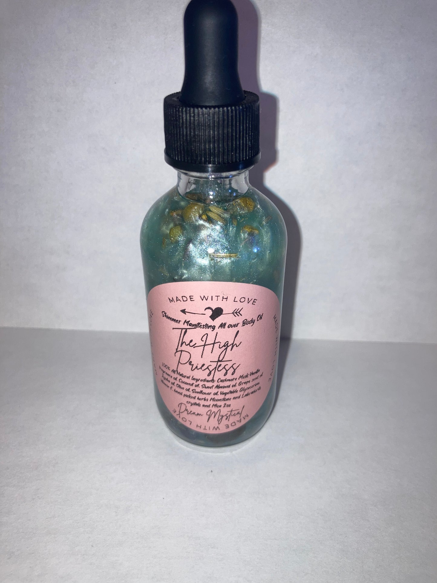The High Priestess Manifesting All Over Body & Ritual Oil Cashmere Musk and Vanilla handpicked flowers/herbs infused with Moonstone & Labradorite crystal chips