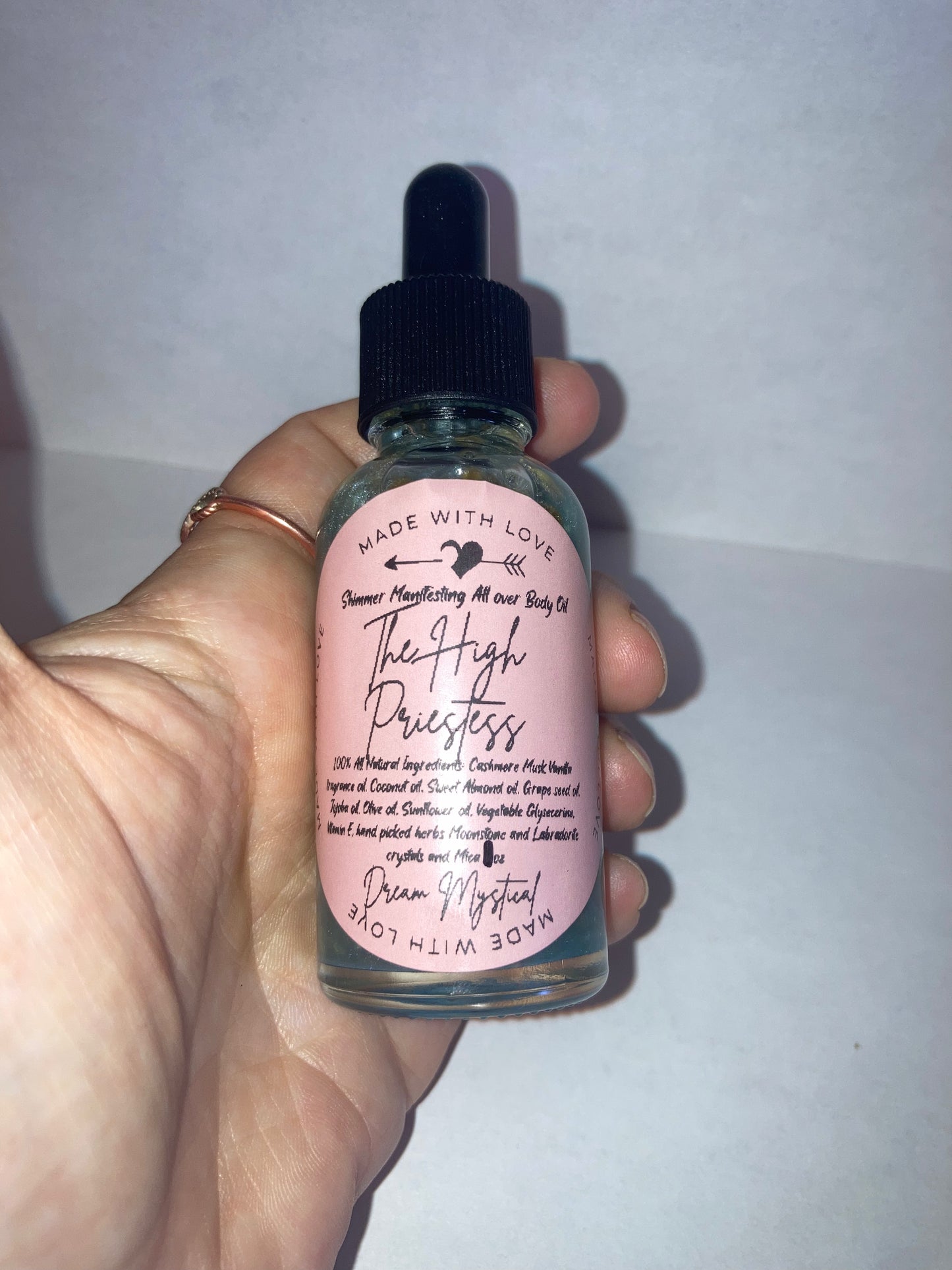 The High Priestess Manifesting All Over Body & Ritual Oil Cashmere Musk and Vanilla handpicked flowers/herbs infused with Moonstone & Labradorite crystal chips