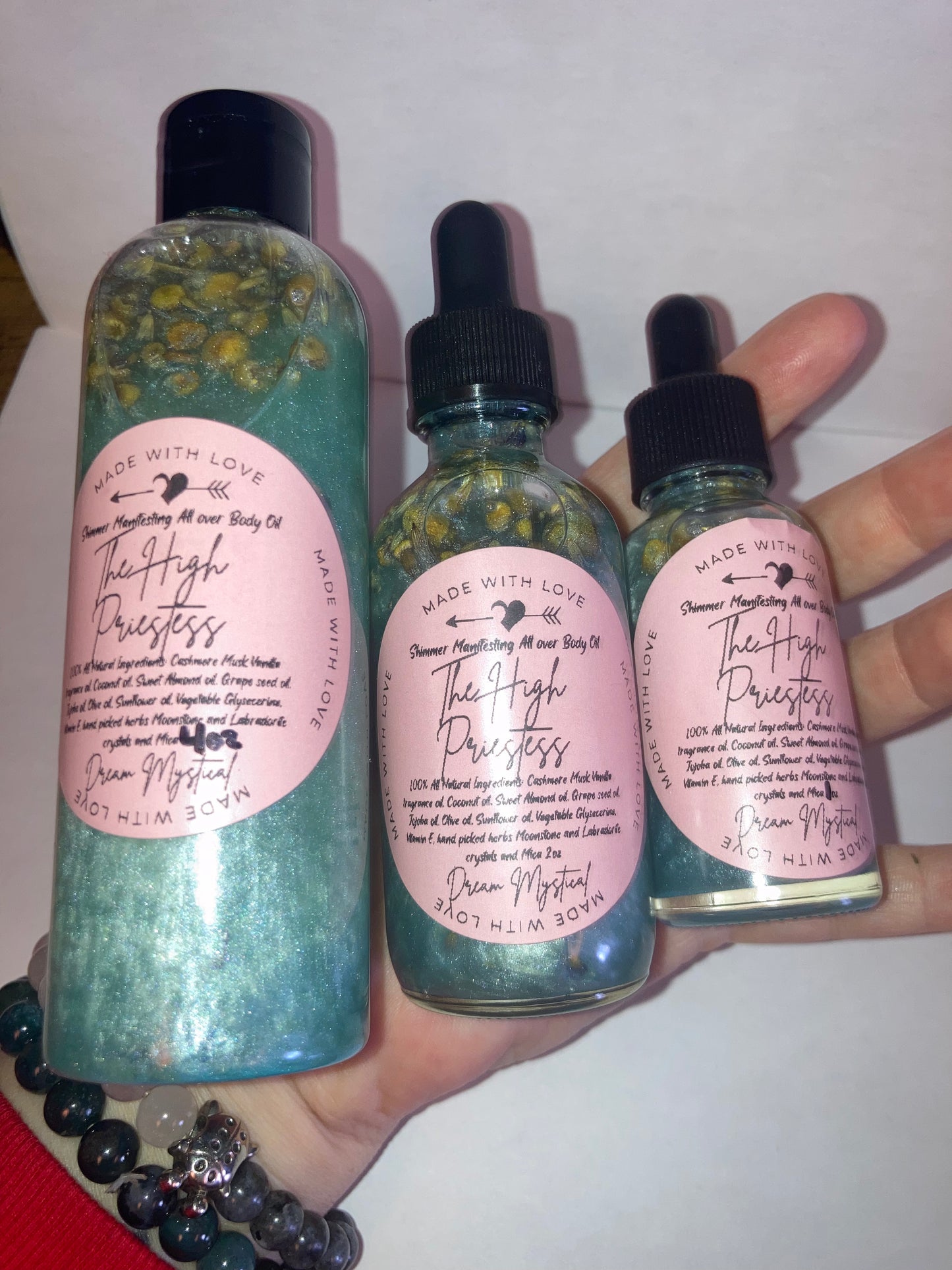 The High Priestess Manifesting All Over Body & Ritual Oil Cashmere Musk and Vanilla handpicked flowers/herbs infused with Moonstone & Labradorite crystal chips