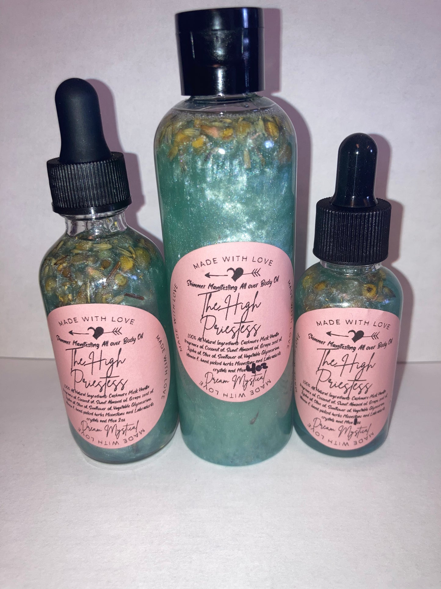 The High Priestess Manifesting All Over Body & Ritual Oil Cashmere Musk and Vanilla handpicked flowers/herbs infused with Moonstone & Labradorite crystal chips