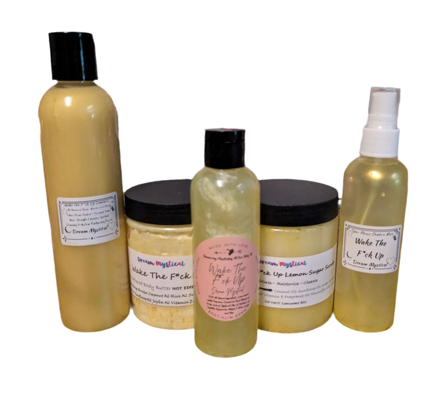 Mini Bundle  Includes: 4oz Body Wash, 4oz Whipped Body Butter, 4oz Sugar Scrub, 2oz Body Oil, 2oz Body Mist, F U Evil Be Gone Bath Salts  ➡️Perfect tester or gift size — luxury made affordable.