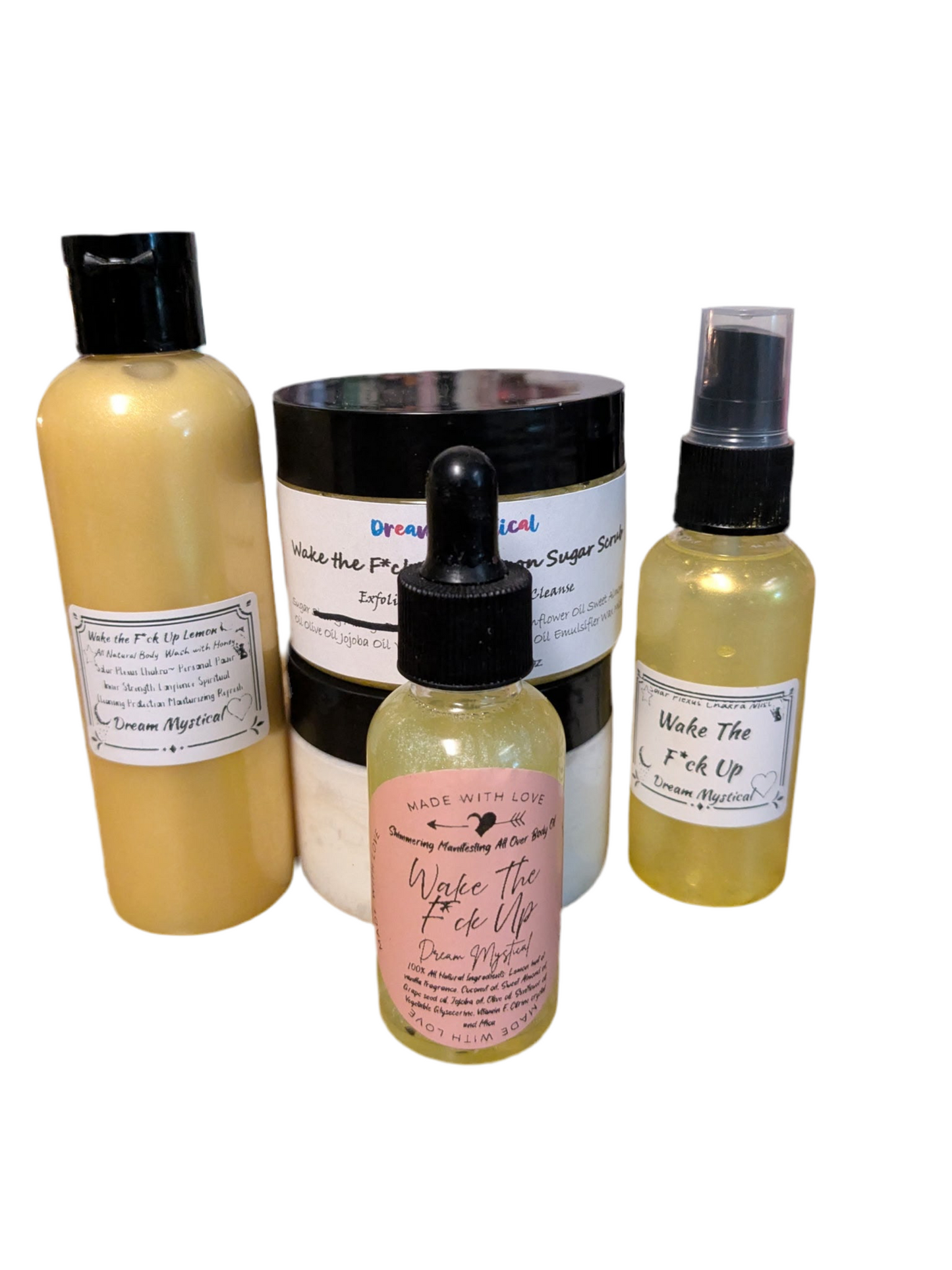 Mini Bundle  Includes: 4oz Body Wash, 4oz Whipped Body Butter, 4oz Sugar Scrub, 2oz Body Oil, 2oz Body Mist, F U Evil Be Gone Bath Salts  ➡️Perfect tester or gift size — luxury made affordable.