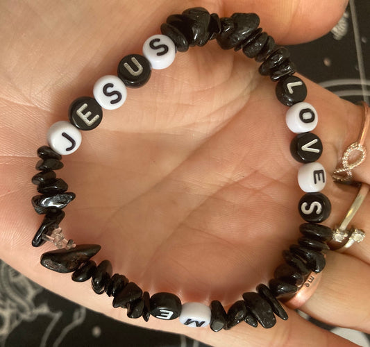 Black Tourmaline Jesus Loves Me Protection Natural Genuine Healing Crystal Bracelet