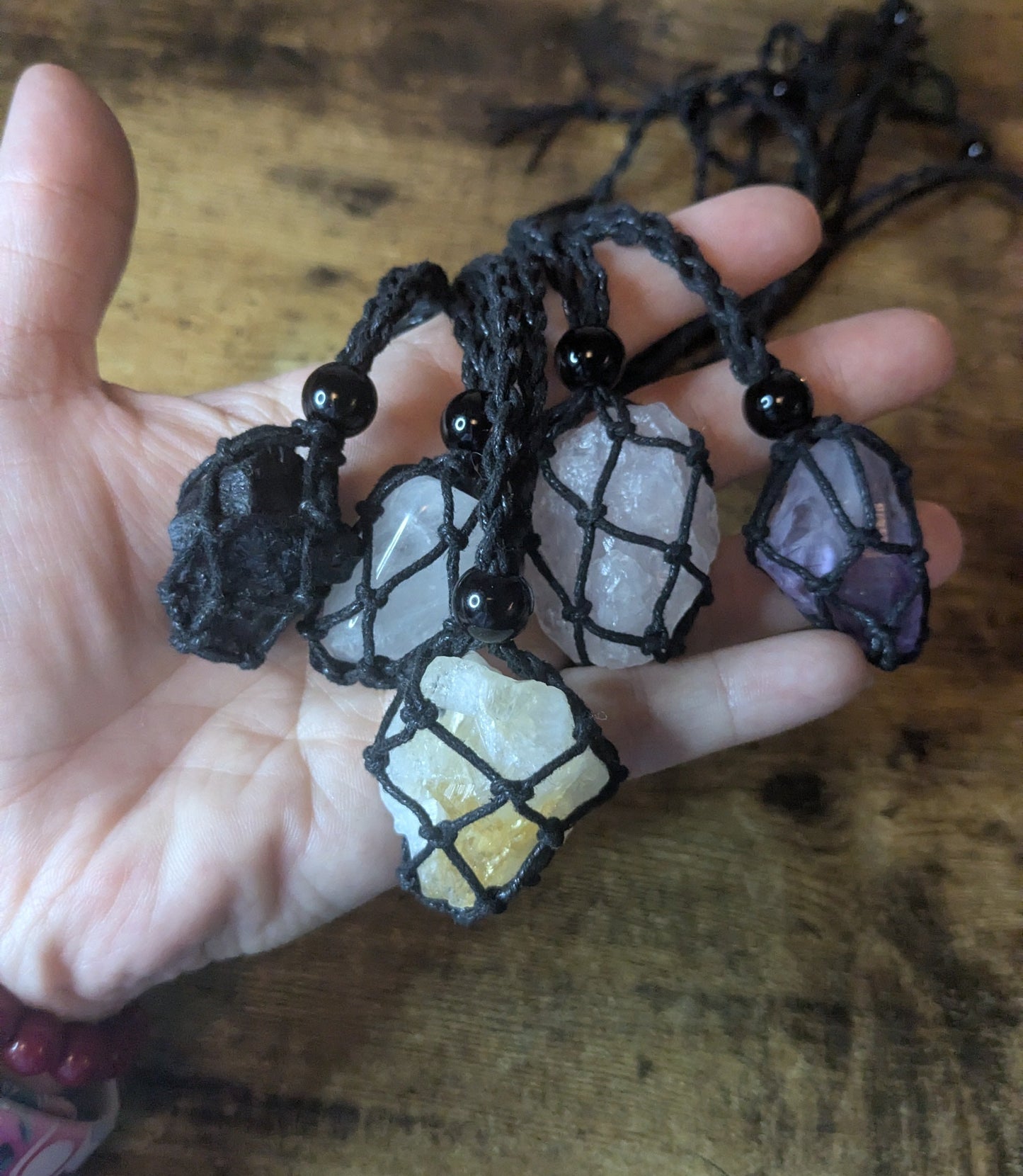 Solar Queen Citrine Reiki Infused Interchangeable adjustable crystal Macrame pouch necklace